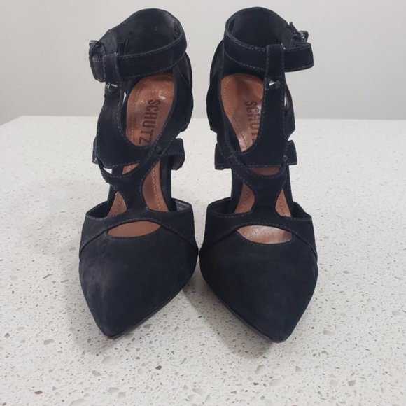 Schutz suede studded strappy heels black 6.5 - Picture 4 of 6